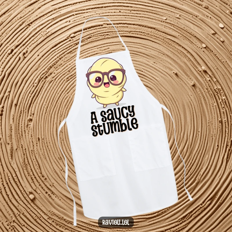 Funny Ravioli Apron showing a pasta character chef with huge glasses tripping, adding humor to kitchen activities.