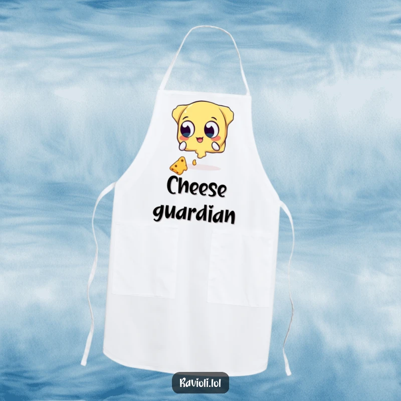 Funny apron depicting a ravioli character with wide eyes trying to catch falling cheese, a humorous cooking accessory.