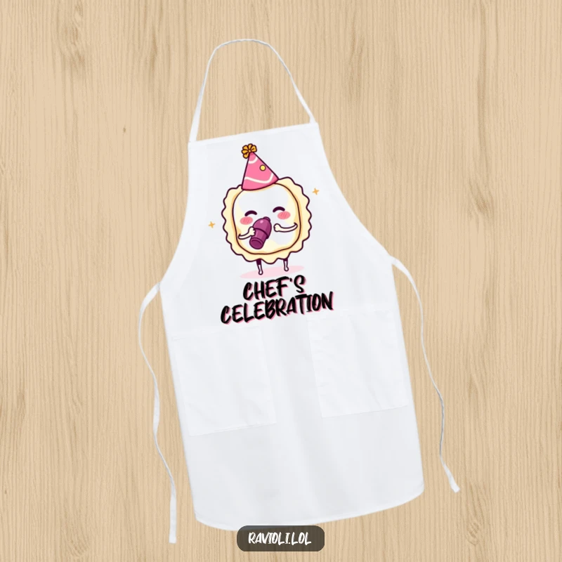 Funny ravioli wearing a party hat with a noisemaker, apron with a festive Italian food character, perfect funny kitchen wear.