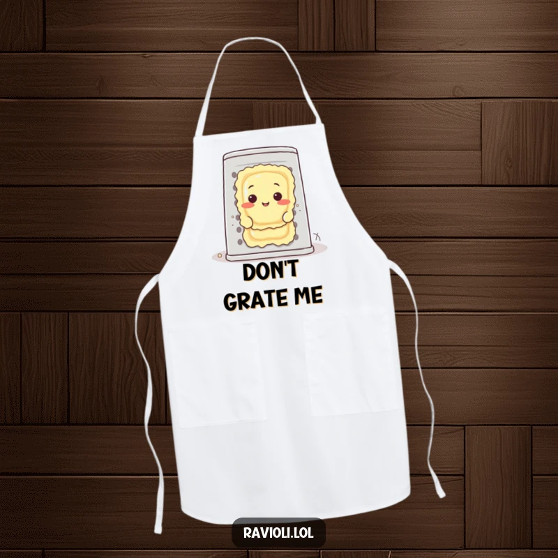 Funny ravioli character peeking from behind a giant cheese grater on an apron, perfect for a humorous cooking experience.