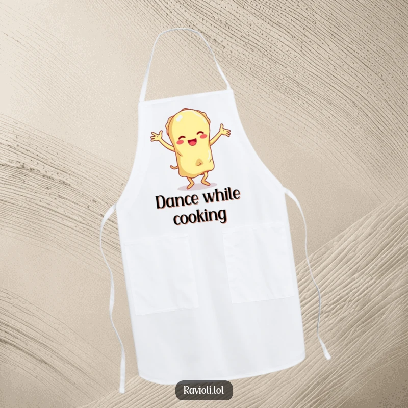 Funny ravioli character with floppy limbs doing a clumsy dance, a humorous and practical cooking apron.