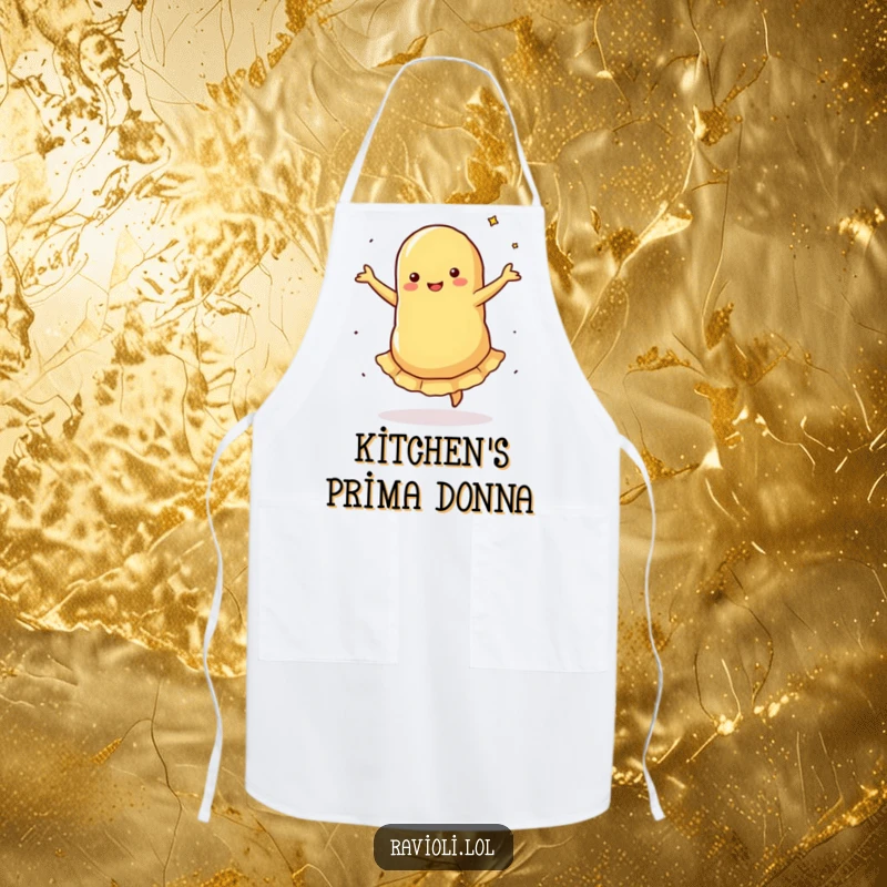 Funny Apron: A ravioli performs a silly pirouette with spinning filling, combining dance moves with kitchen practicality for a humorous apron.