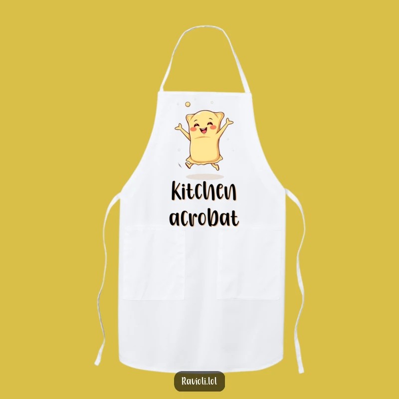 Funny Happy Ravioli Apron: Energetic Italian Pasta Cartwheeling, Fun Humorous Kitchenware