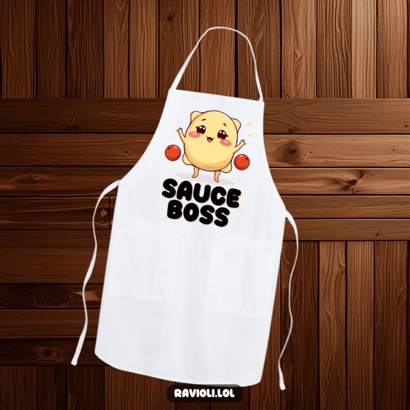 Funny ravioli character winks while juggling meatballs on a stylish apron, making cooking more enjoyable and humorous.