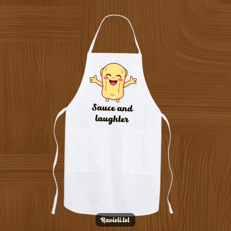 Funny Ravioli Apron showing a pasta character laughing heartily with arms outstretched, perfect for a fun cooking experience.