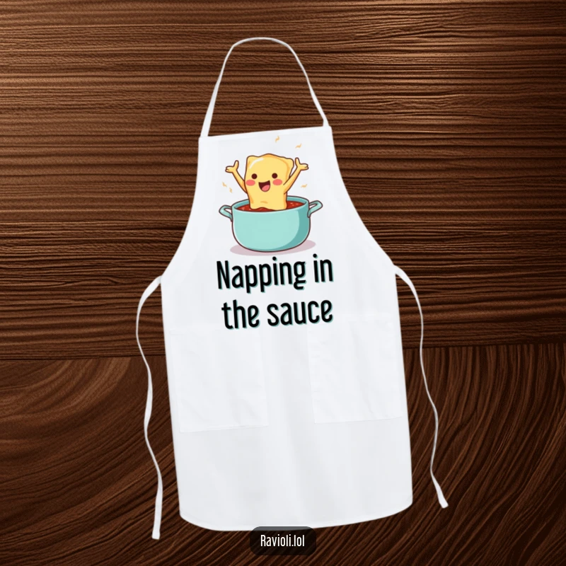 Funny apron featuring a happy ravioli character leaping into a pot of sauce, ready for a humorous culinary session.