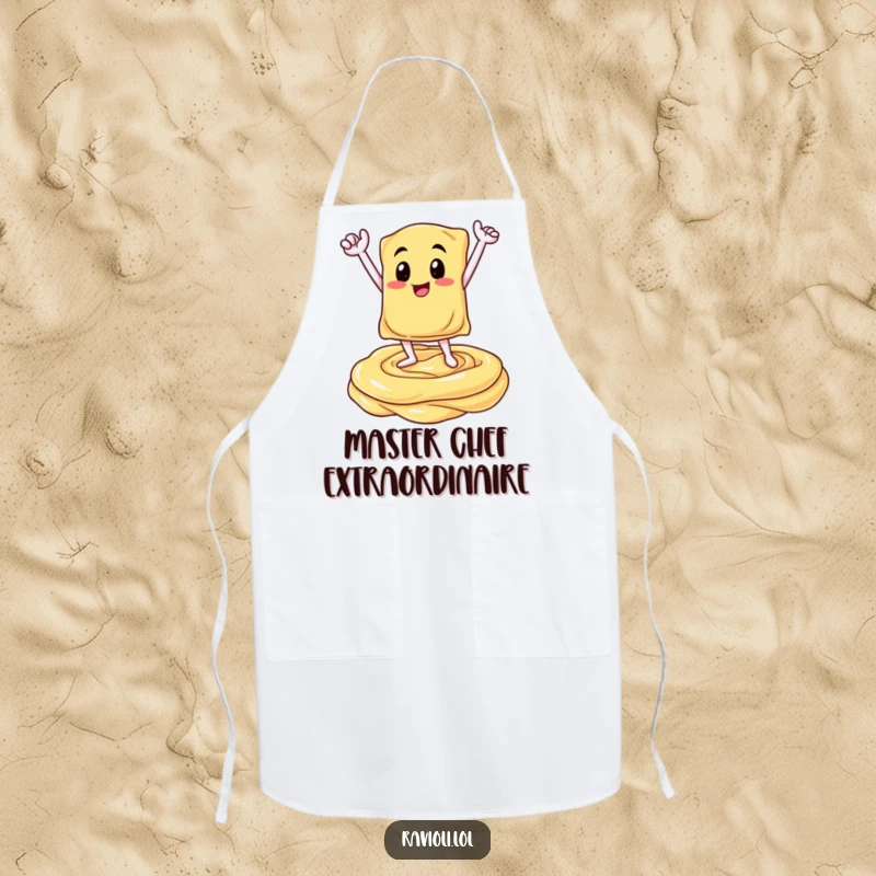 Funny chef apron with a ravioli character in a triumphant pose atop a creamy sauce swirl, celebrating Italian cooking prowess with humorous flair.