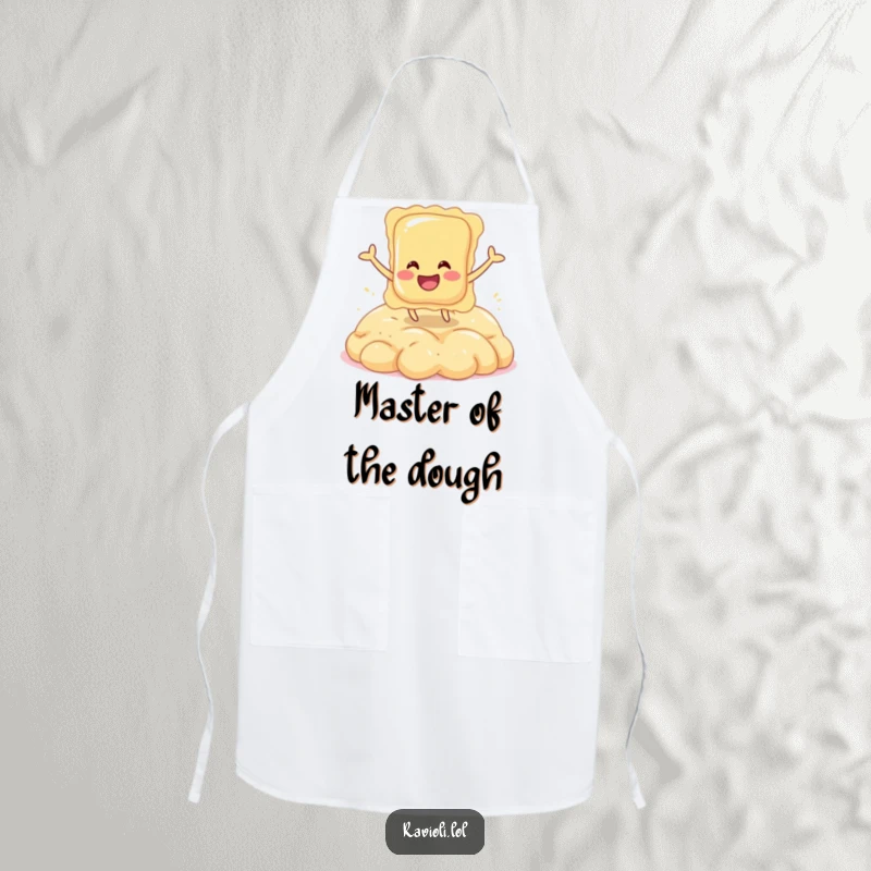 Funny apron graphic of a smiling ravioli character enthusiastically bouncing on a pile of dough.