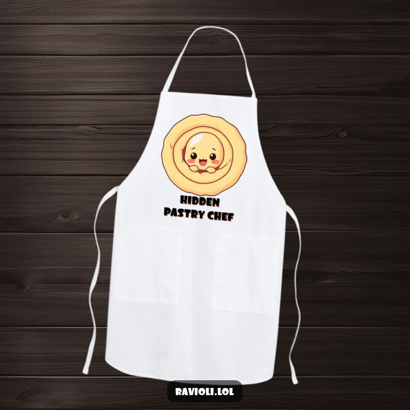 Funny ravioli character peeking from behind a large dough swirl, a playful and funny apron.