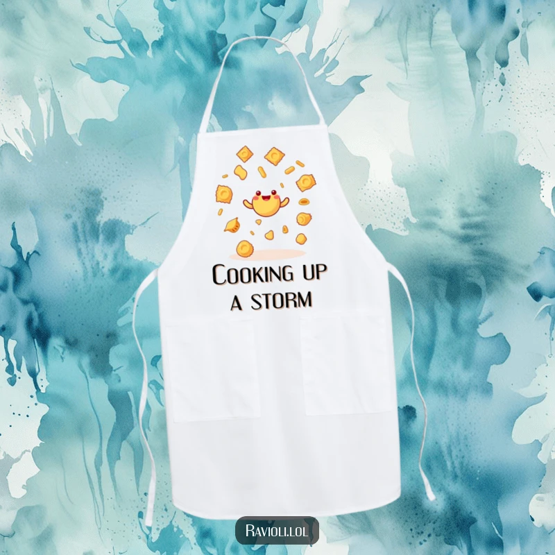 Funny ravioli character in a chef hat, juggling pasta shapes, featured on a practical apron for humorous culinary endeavors.