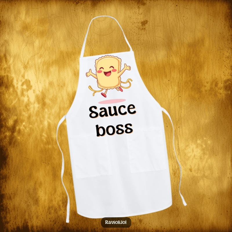 Funny ravioli character jumping joyfully while wearing an apron, a humorous kitchen accessory, great gift.