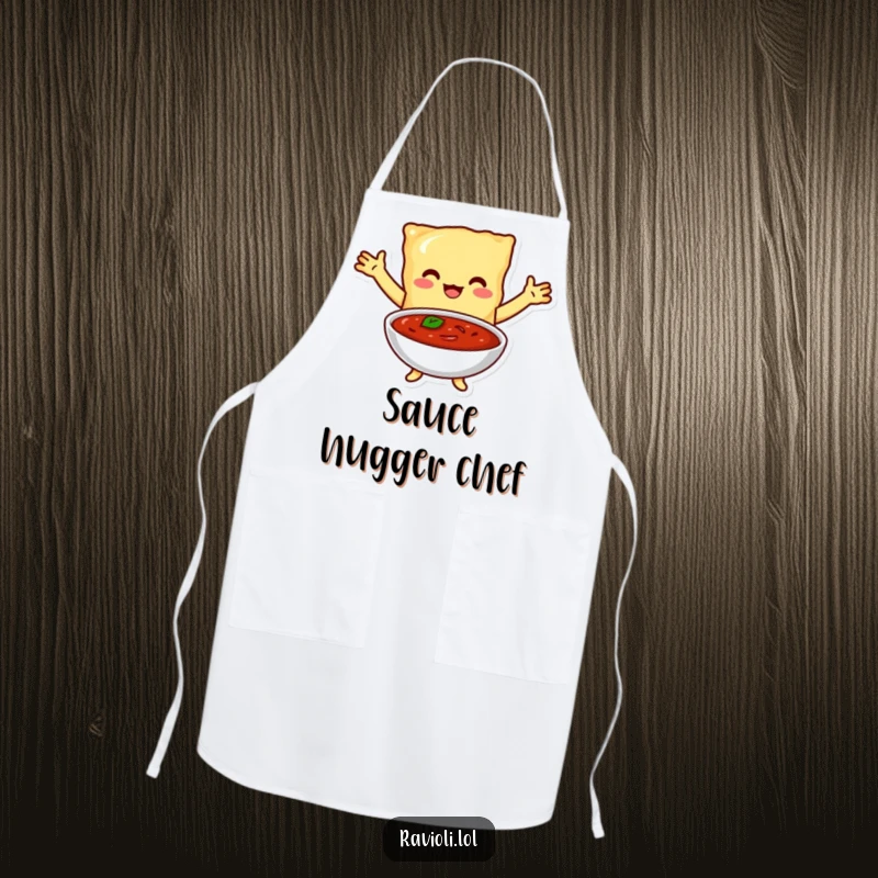Funny apron featuring a ravioli character with arms outstretched, embracing a bowl of marinara sauce, perfect for cooking endeavors.
