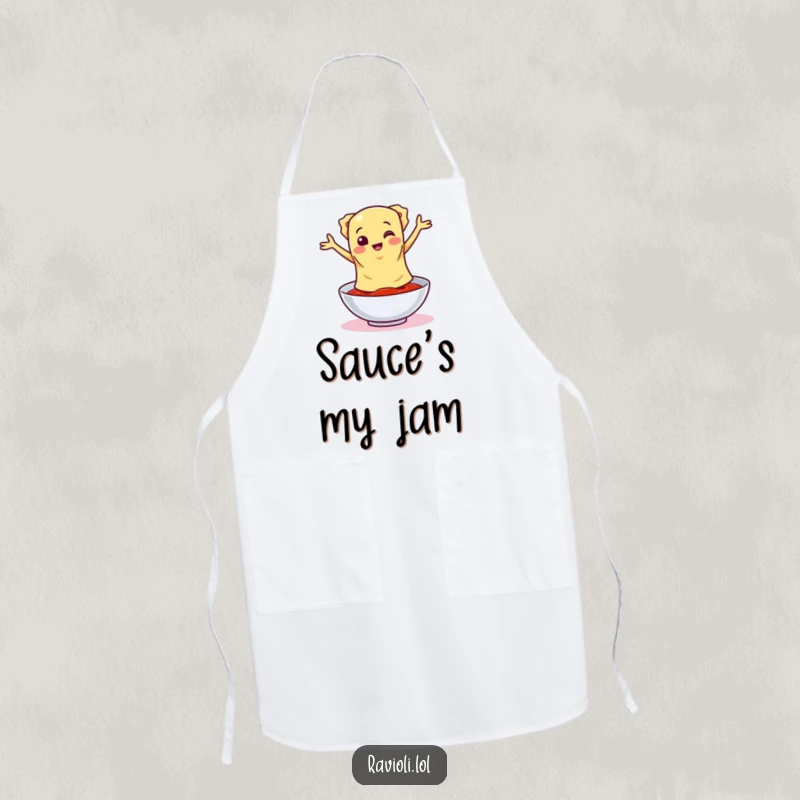 Functional apron featuring a funny ravioli character doing a silly dance around a bowl of sauce, perfect for cooking with flair.