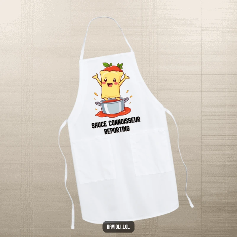 Funny Ravioli Apron showing a happy ravioli character leaping into a sauce pot, making cooking more enjoyable.