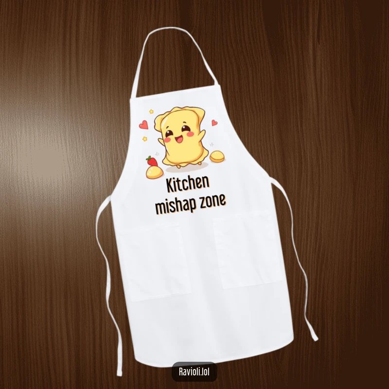 Funny ravioli character tripping and spilling filling happily, a functional and amusing apron.