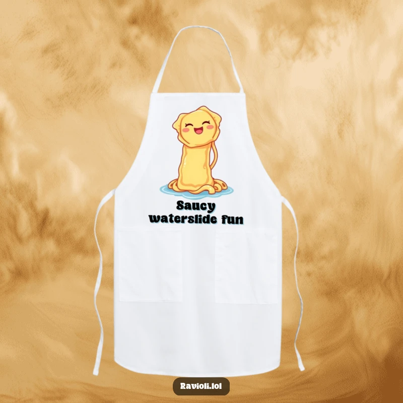 Funny apron featuring a ravioli laughing while sliding down a noodle waterslide, perfect for keeping chefs clean with pasta humor.