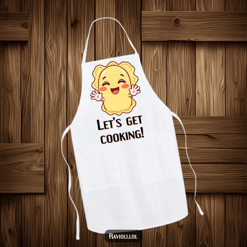 Funny ravioli character enthusiastically waving with both hands, a cheerful and funny apron.