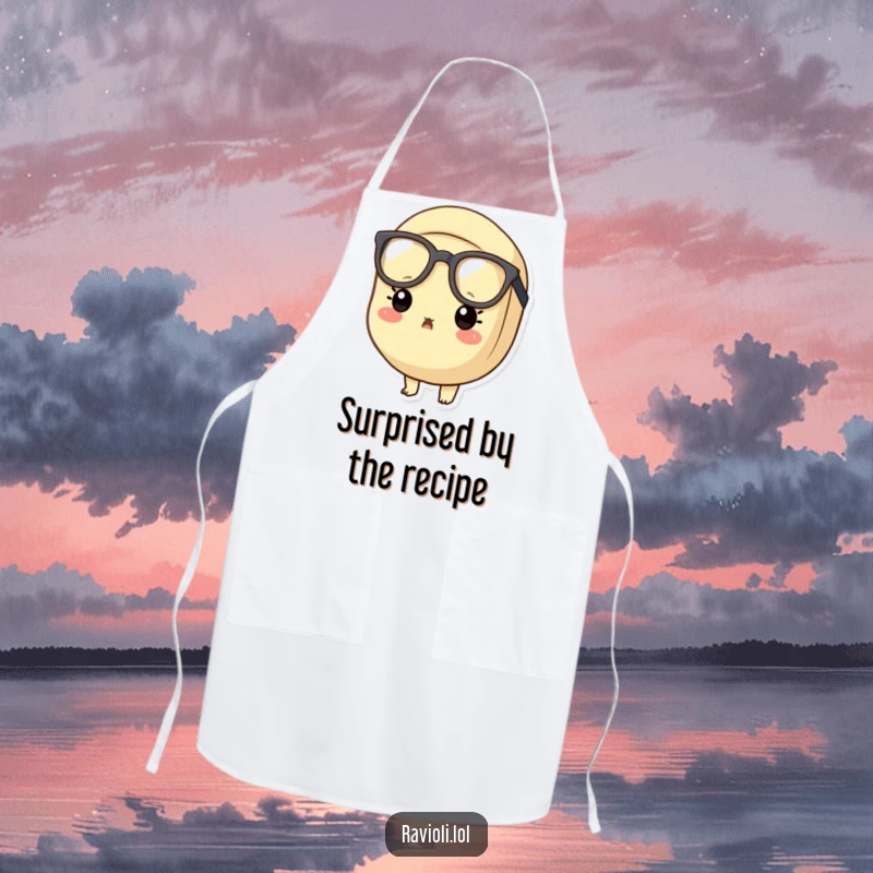 Funny surprised ravioli apron showing a ravioli character in oversized glasses looking shocked, perfect for cooking.