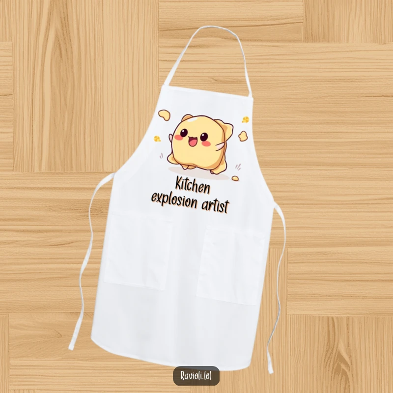 Funny tripping ravioli apron showing a ravioli character falling and its filling happily scattering, perfect for cooking.