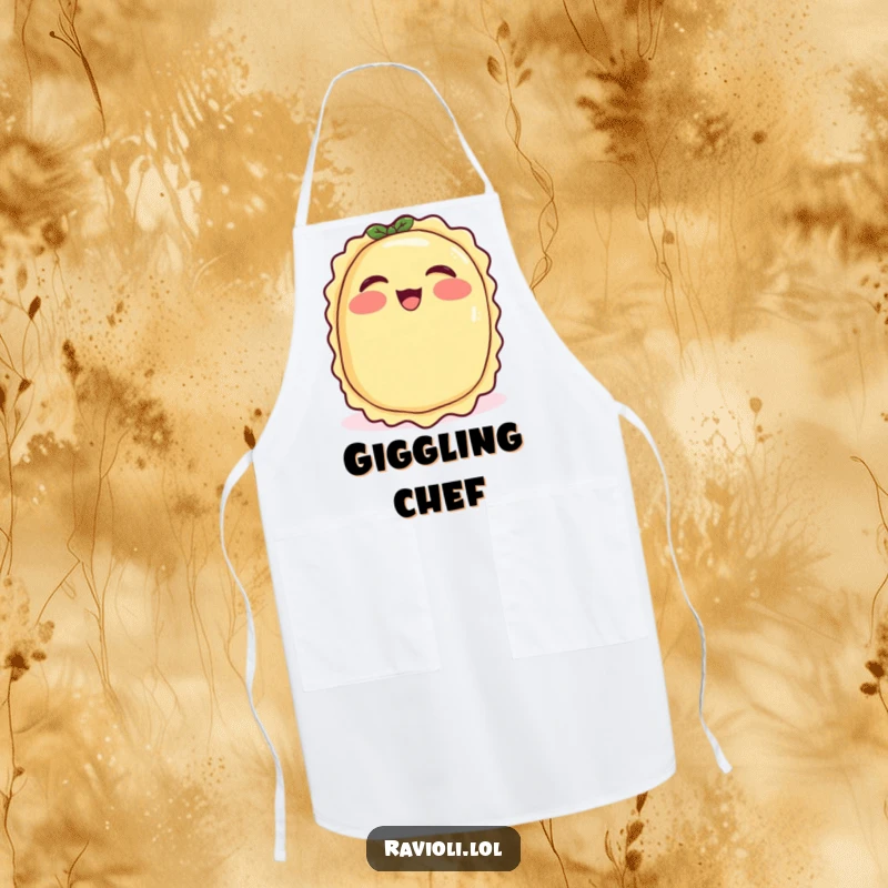 Funny ravioli with rosy cheeks giggling, apron with a joyful Italian food character, perfect funny kitchen wear.