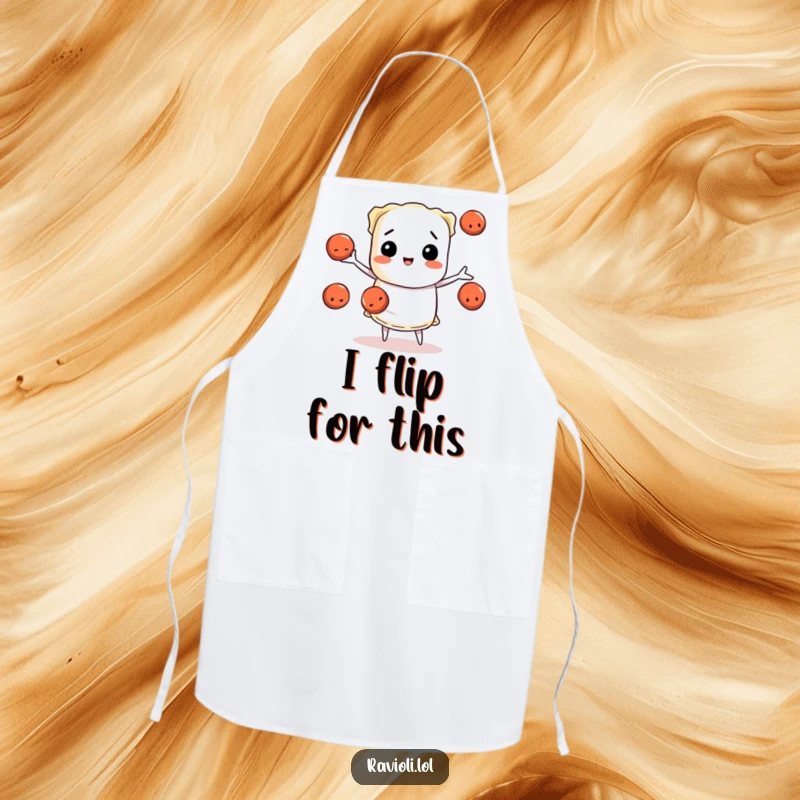 Funny ravioli character juggling meatballs while cooking, a kitchen apron with pasta chef humor, great funny gift.