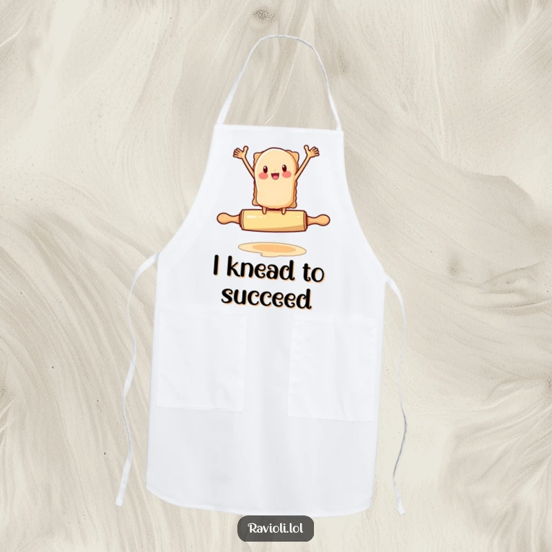 Funny ravioli character flailing arms on a rolling pin while cooking, a kitchen apron with pasta humor, great funny gift.