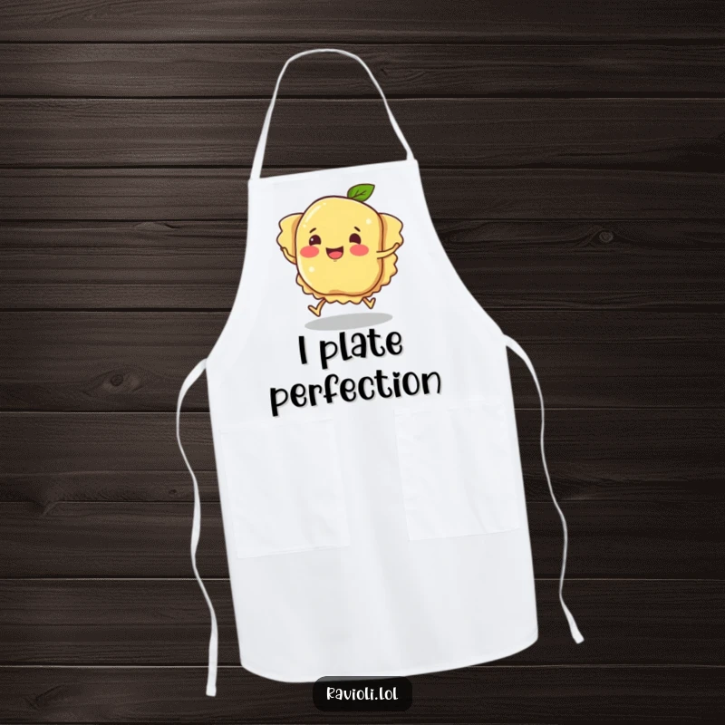 Funny ravioli character tripping while cooking, a kitchen apron featuring pasta humor and a clumsy chef, great funny gift.