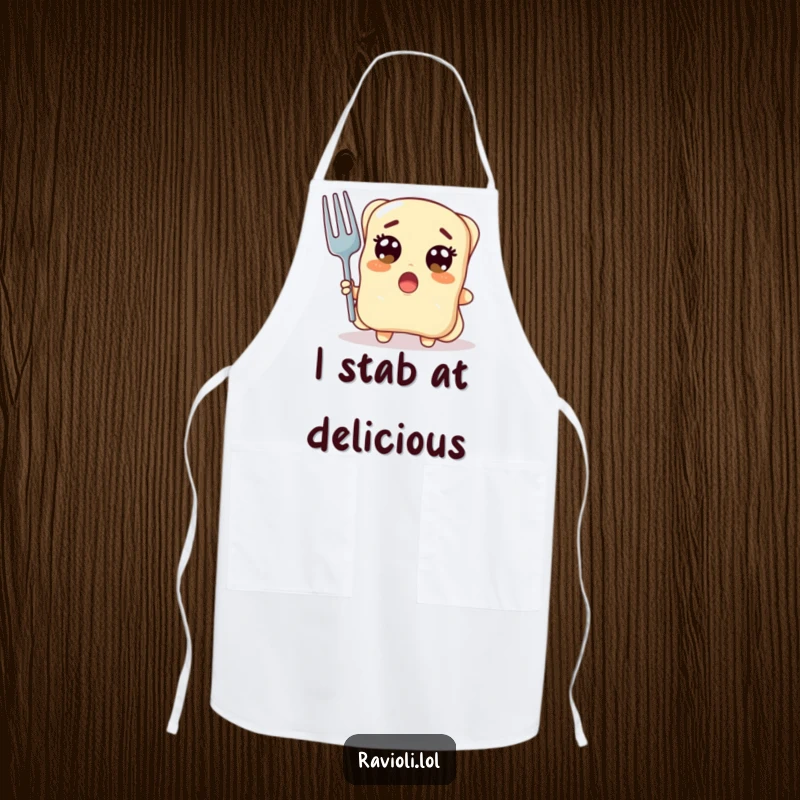 Funny ravioli character with wide surprised eyes holding a giant fork while cooking, a kitchen apron with pasta shock humor, great funny gift.