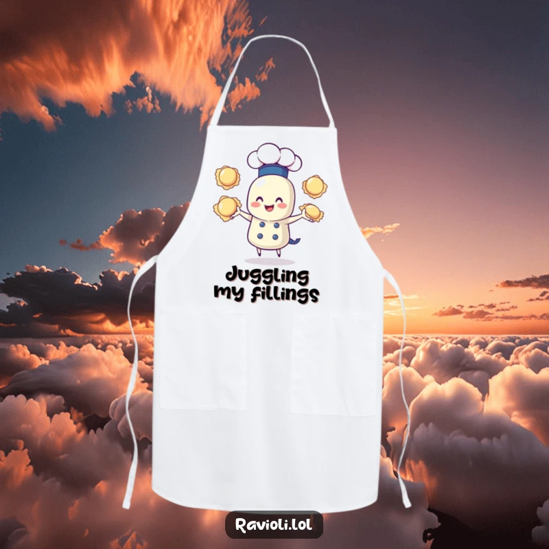 Funny apron depicting a ravioli character in a chef hat, joyfully juggling three pieces of pasta, a humorous cooking accessory.