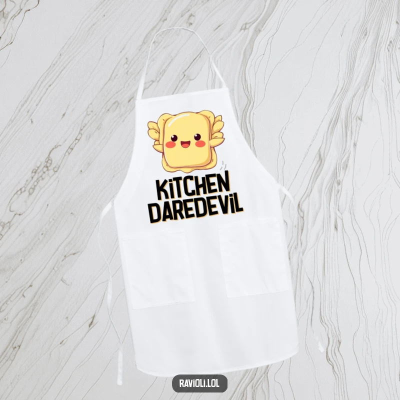 Funny ravioli apron showing a pasta with wings trying to fly, a humorous kitchen accessory for chefs.