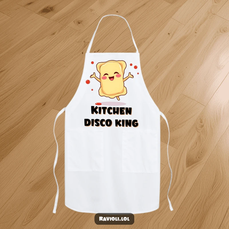 Funny chef apron featuring a happy ravioli character dancing energetically amidst sauce splatters, celebrating Italian cooking with a joyful, party-like spirit.
