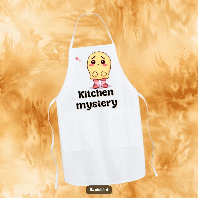 Functional apron featuring a funny ravioli character looking bewildered and wearing mismatched socks, perfect for stirring up smiles in the kitchen.