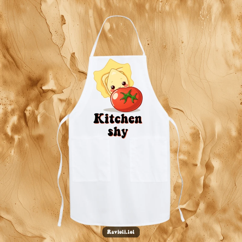 Funny apron showing a shy ravioli peeking from behind a large tomato, a cute and humorous kitchen accessory.