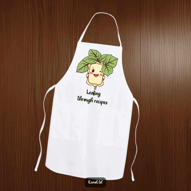 Funny apron featuring a grinning ravioli character peeking from behind a large basil leaf, perfect for kitchen fun.