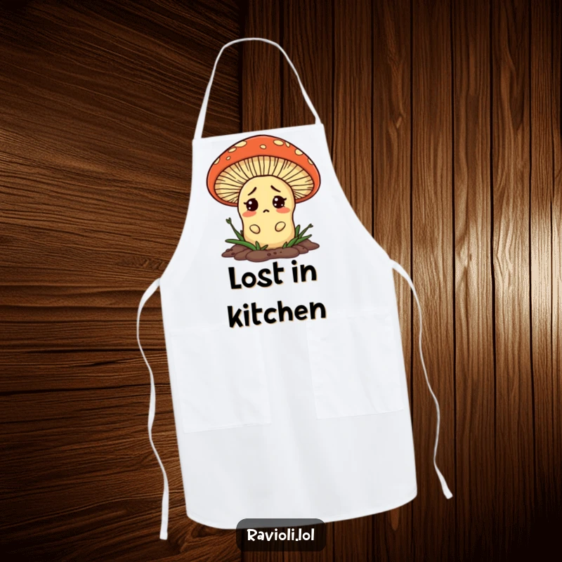 Funny ravioli peeking out from behind a giant mushroom on an apron, adding humor to kitchen tasks.