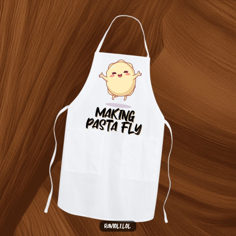 Funny ravioli dumpling apron with tiny legs doing a joyful cartwheel, perfect for cooking with energetic pasta-themed fun.