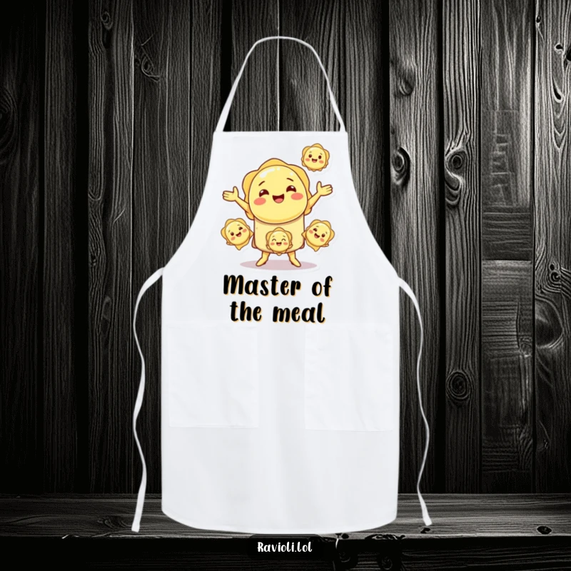 Funny smiling ravioli character juggling pasta, a functional and amusing apron for the kitchen.