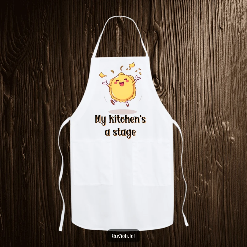 Funny Ravioli Apron showing a ravioli character cartwheeling with pasta steam, ideal for a humorous cooking experience.