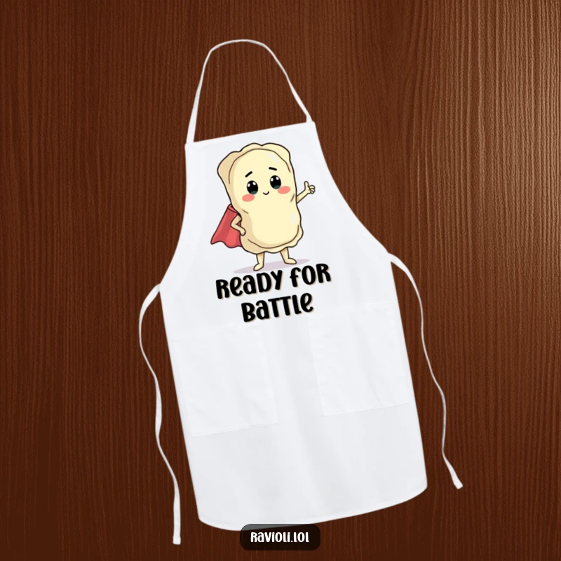 Funny ravioli character in a dramatic pose with a tiny cape, on a chef apron, adding humor to cooking.