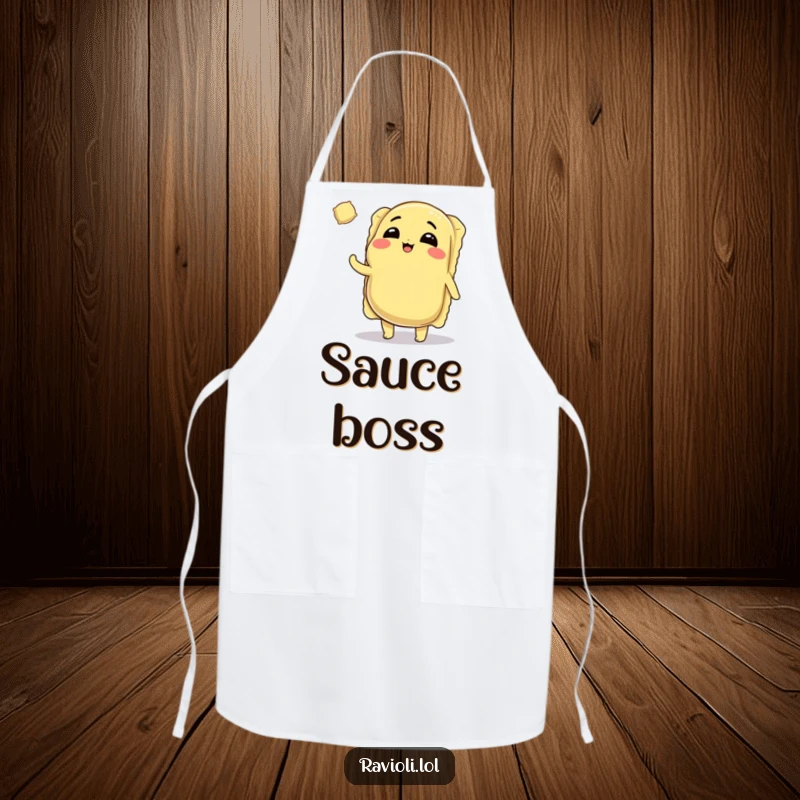 Funny Ravioli Apron: Winking ravioli character tossing a tiny ravioli, adding humor and Italian flair to kitchen wear.