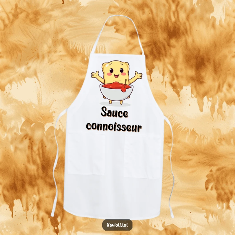Funny chef apron with a ravioli character embracing a bowl of marinara sauce, celebrating Italian cooking and the love for flavorful sauces.