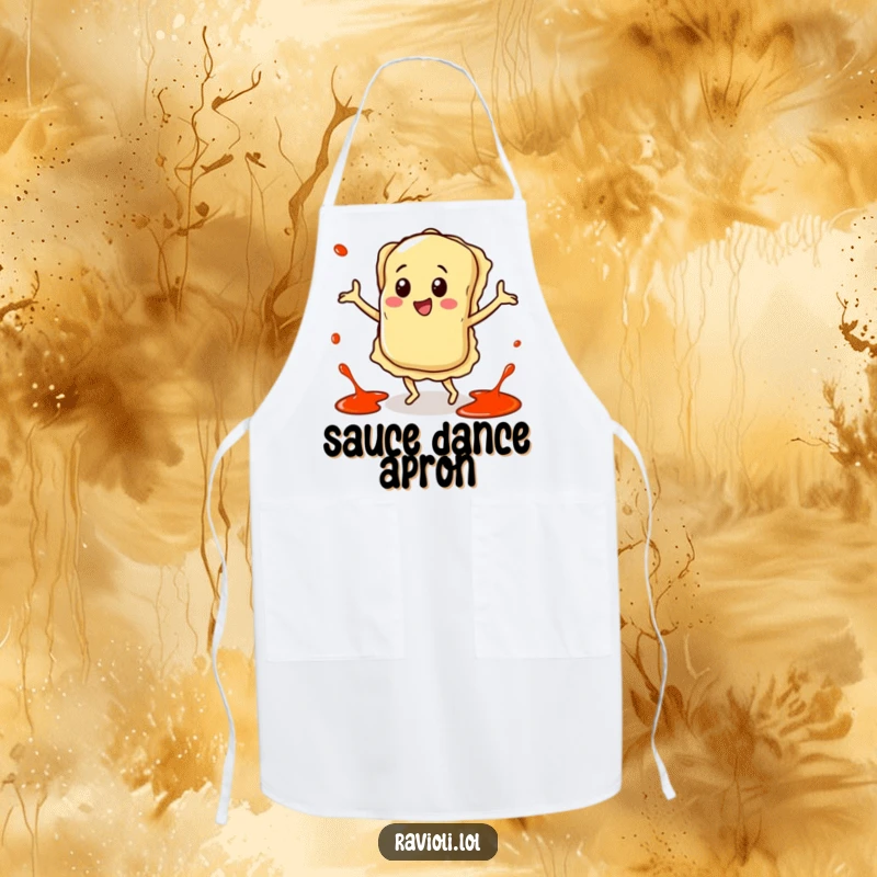 Funny apron featuring a happy ravioli character dancing with sauce splatters flying around it, perfect for kitchen celebrations.