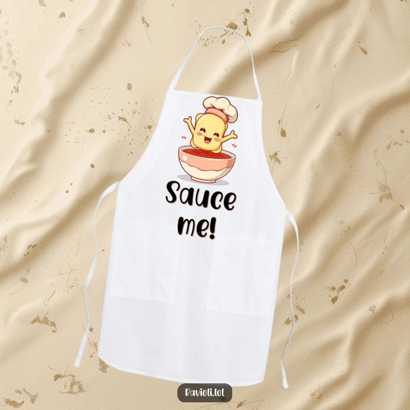 Funny ravioli chef leaping into sauce on a stylish apron, adding humor and flair to kitchen tasks.