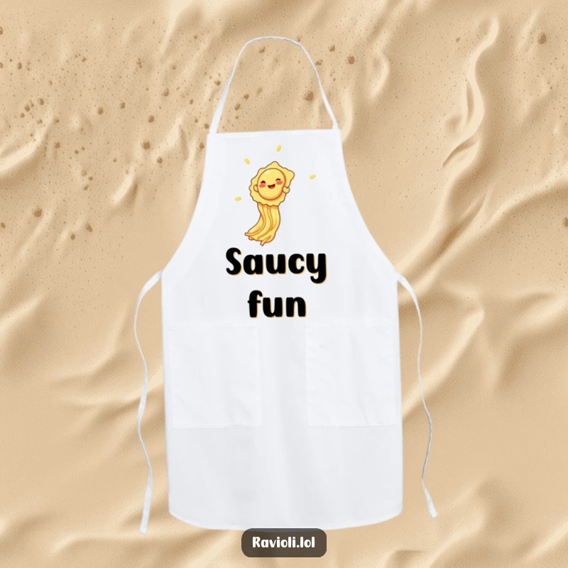 Funny giggling ravioli sliding down spaghetti on an apron, adding humor and playfulness to kitchen tasks.
