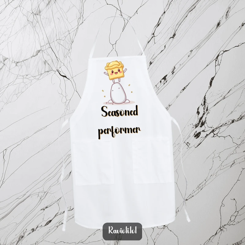 Funny apron depicting a ravioli character balancing precariously on a giant salt shaker, a culinary comedy accessory.