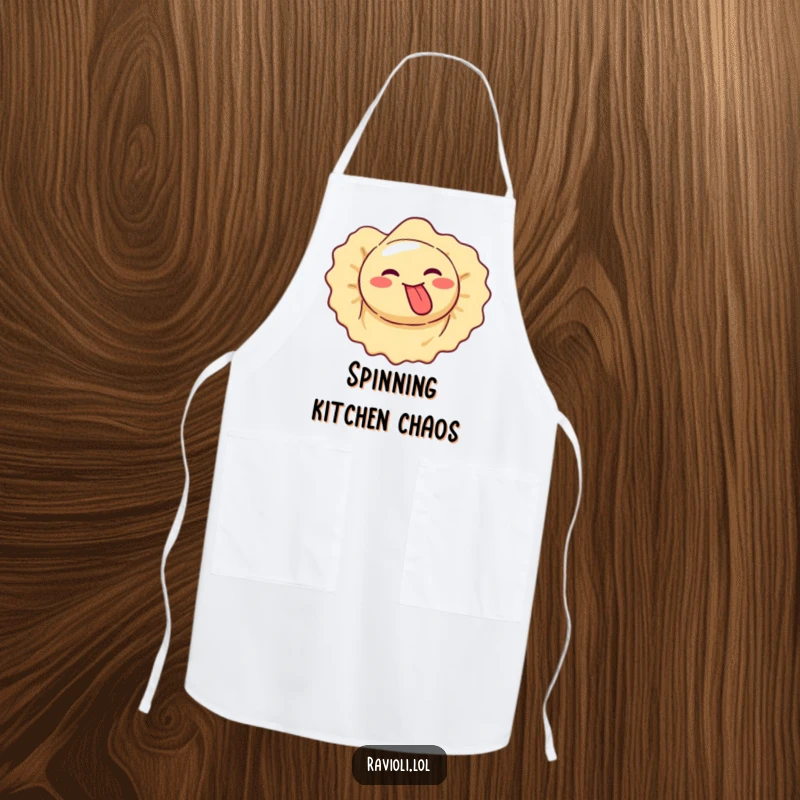 Funny ravioli makes silly face, tongue out, spinning, cooking apron.