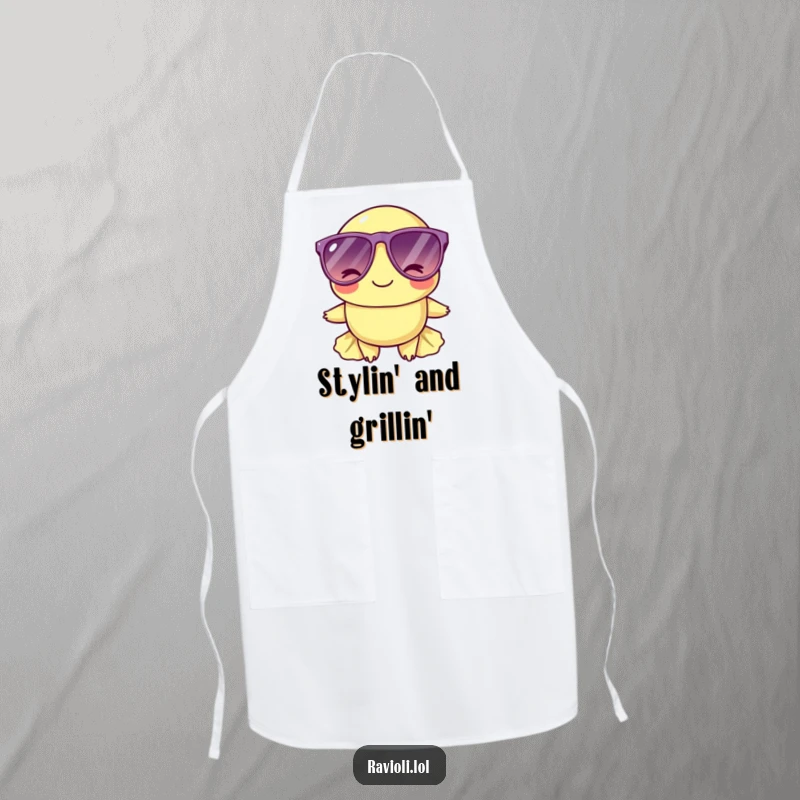 Funny ravioli character wearing cool sunglasses and winking on a kitchen apron, adding playful style to cooking.