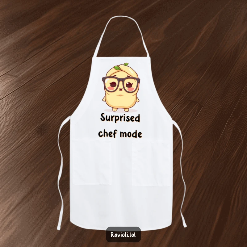 Funny ravioli character wearing tiny oversized glasses, looking surprised, a functional and amusing apron.