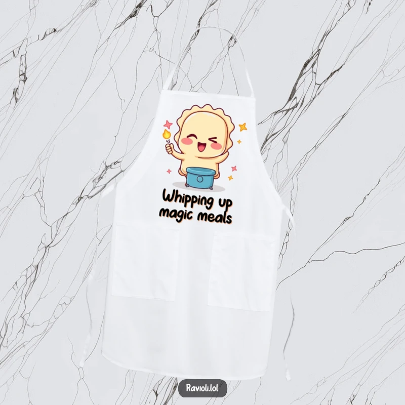 Funny apron depicting a winking ravioli character performing a magic trick, ensuring a clean and humorous experience while cooking.