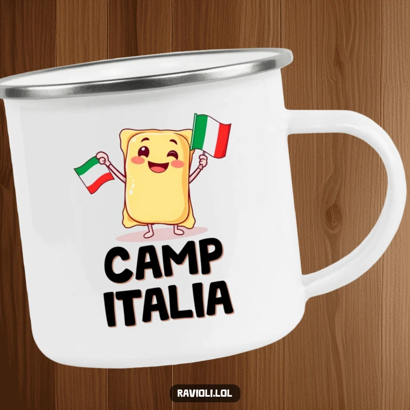 Funny jubilant ravioli character waving an Italian flag on a durable camping mug, a humorous gift.